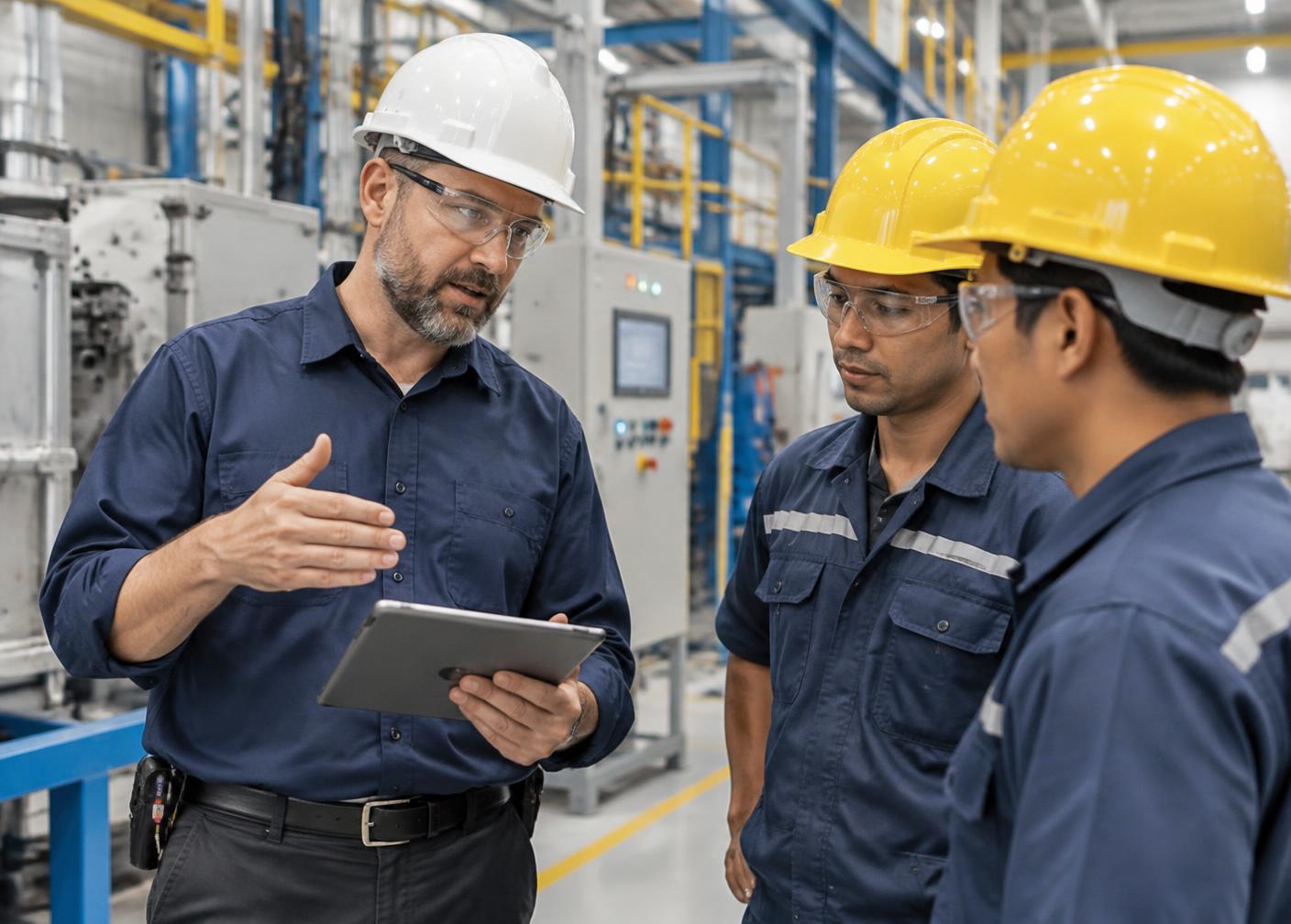 Consultor de engenharia de manutenção com capacete branco orientando técnicos na fábrica