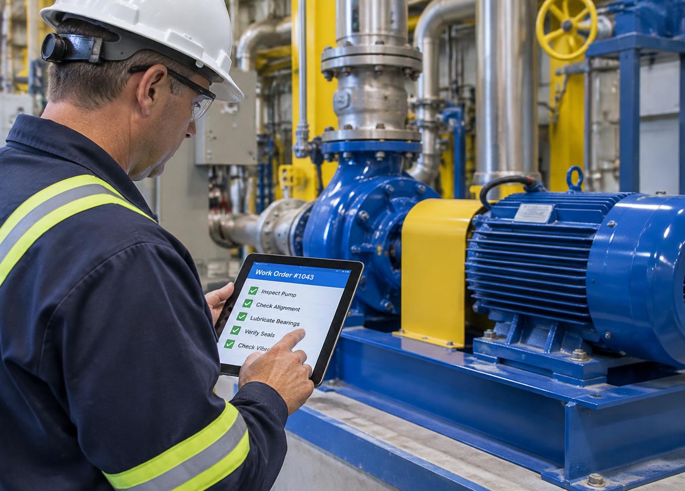 Técnico executando ordem de serviço digital em tablet ao lado de conjunto motobomba