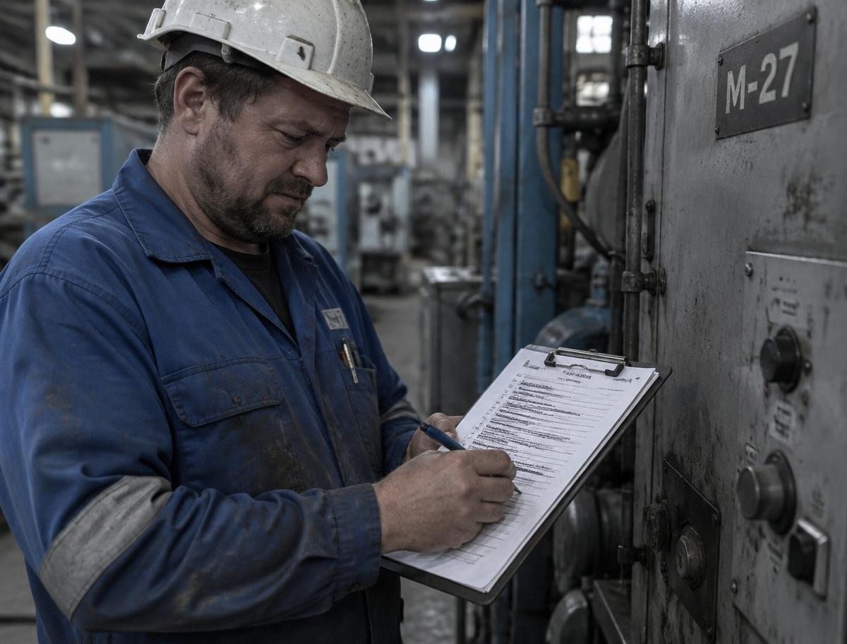 Técnico de manutenção desanimado sentado no piso da fábrica após turno de emergência