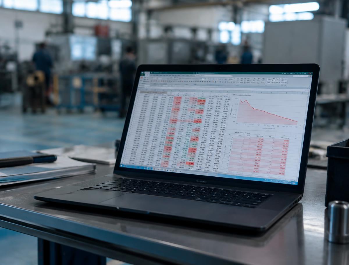 Notebook em bancada industrial exibindo planilha confusa com gráfico em queda