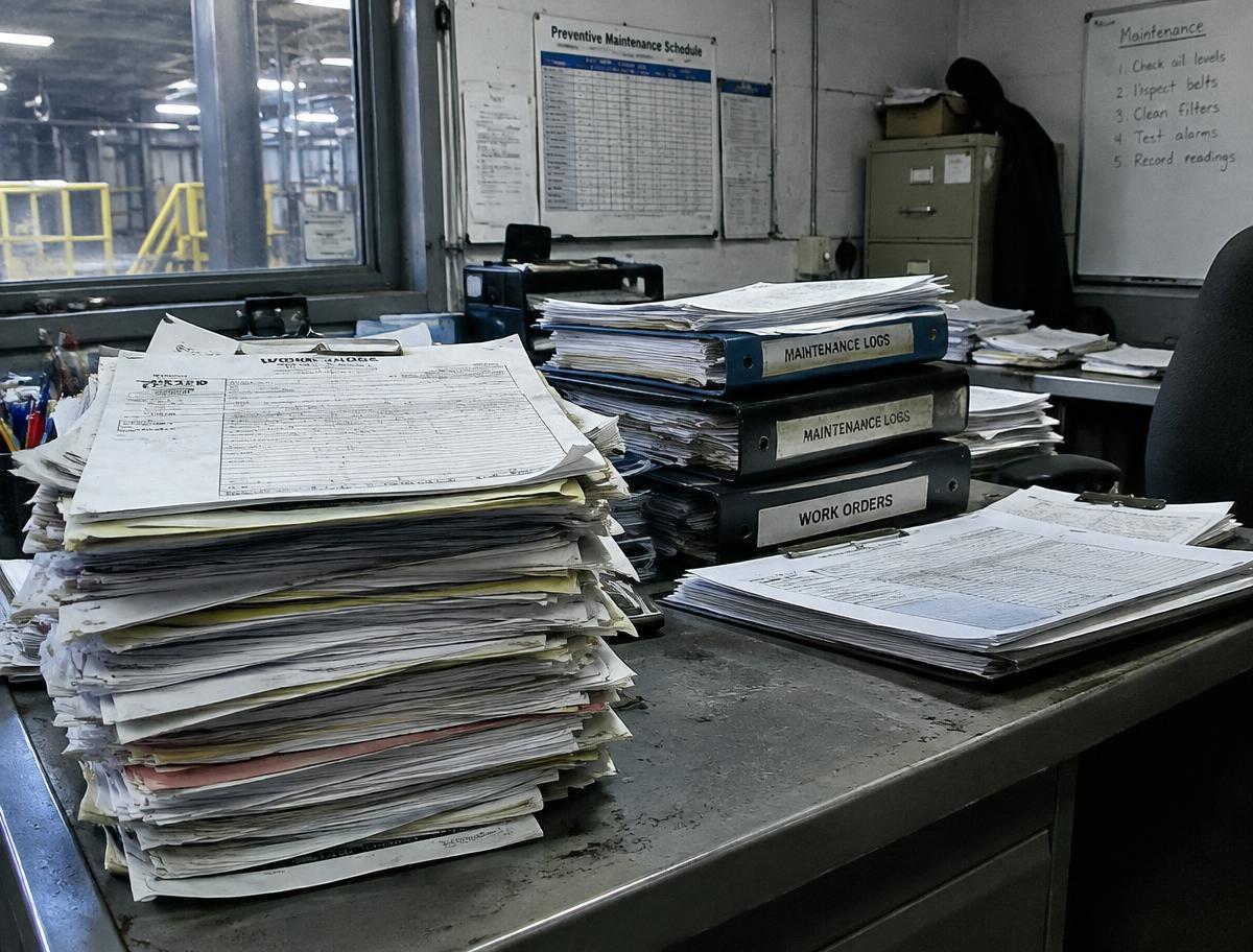 Pilhas de ordens de serviço em papel sobre mesa de escritório de manutenção
