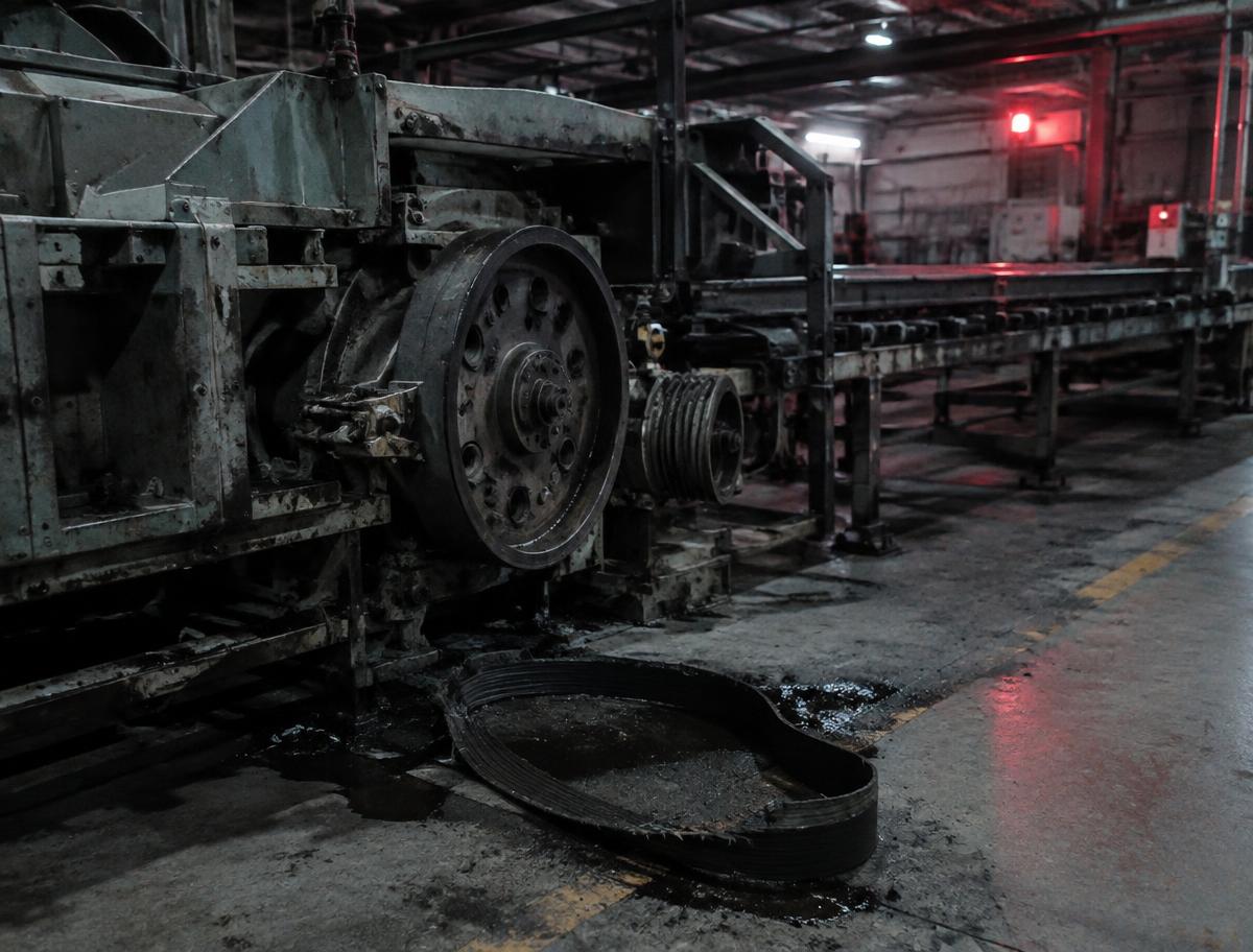Máquina industrial quebrada com correia rompida e vazamento de óleo, linha de produção parada