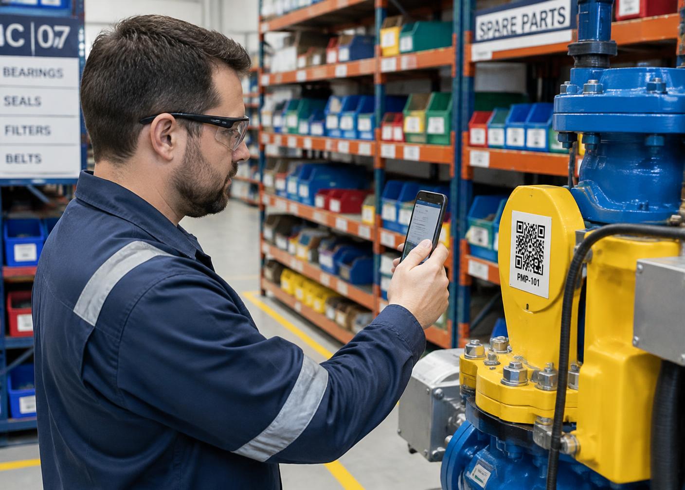 Técnico lendo etiqueta QR Code de um ativo com o celular ao lado do almoxarifado organizado