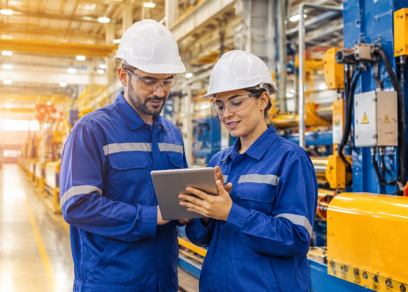 Engenheiros de manutenção conferindo informações em tablete dentro de fábrica moderna