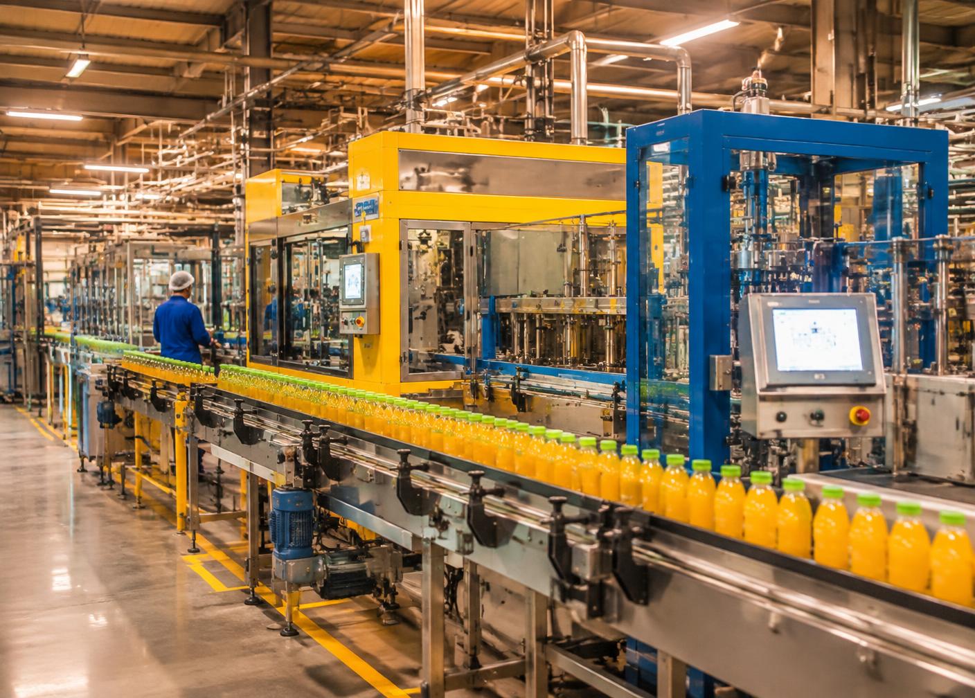Linha de produção industrial colorida em plena operação