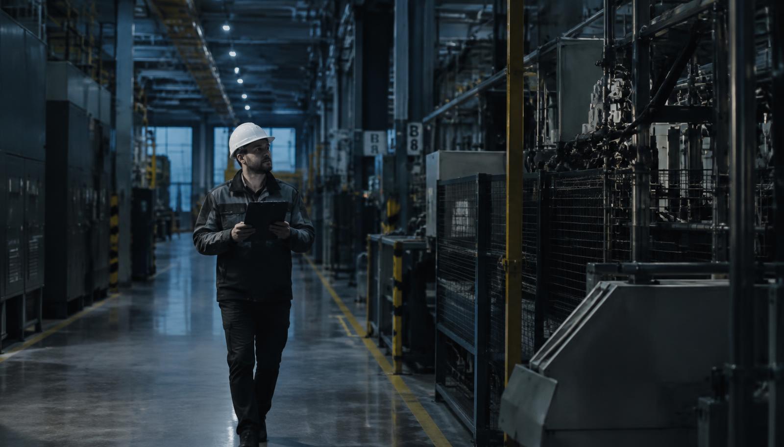Gerente de manutenção percorrendo corredor de planta industrial moderna