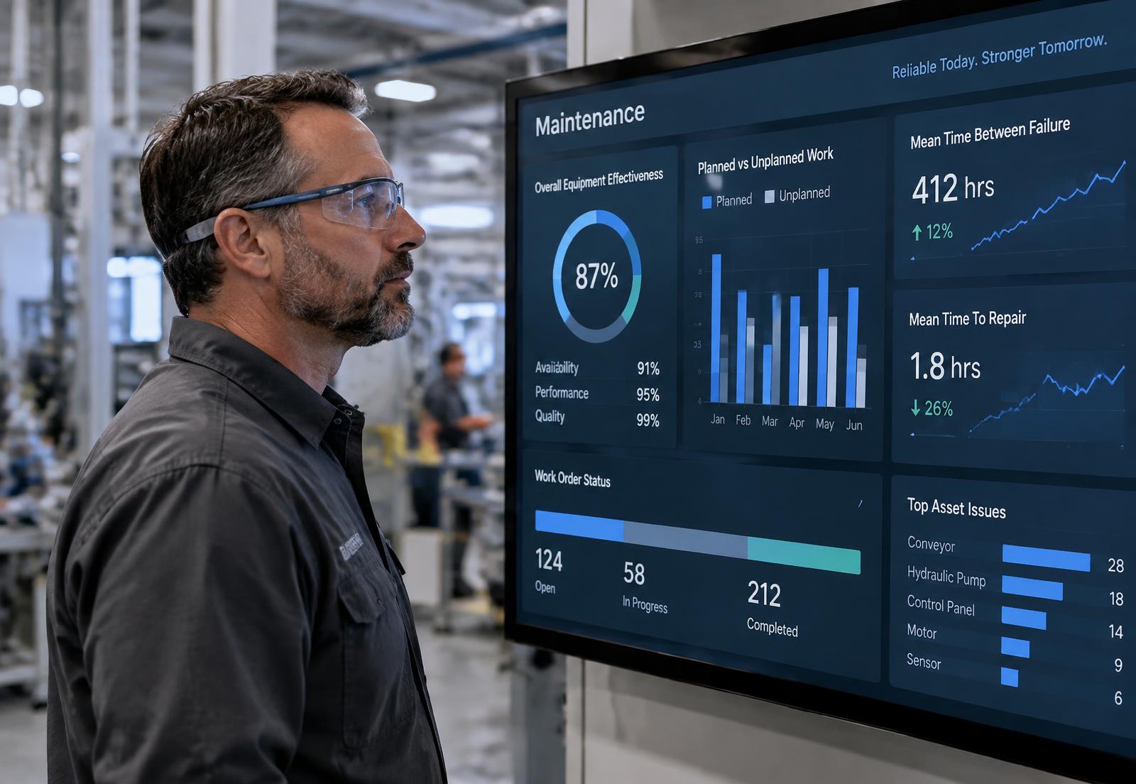 Engenheiro de manutenção analisando indicadores em painel industrial