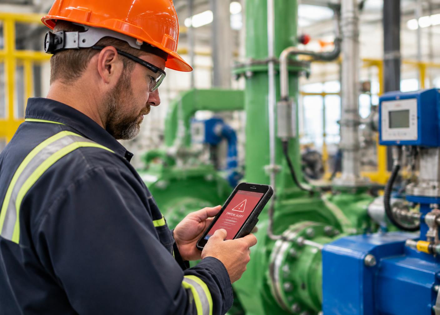 Técnico de manutenção recebendo alerta crítico no celular dentro da planta industrial