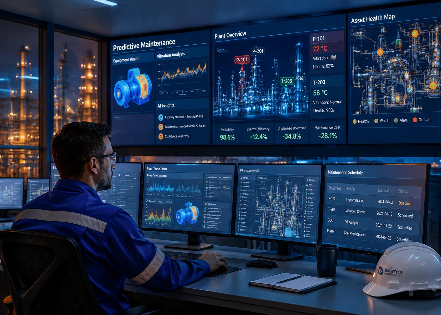 Sala de controle de manutenção com painéis de análise preditiva e mapa de saúde dos ativos
