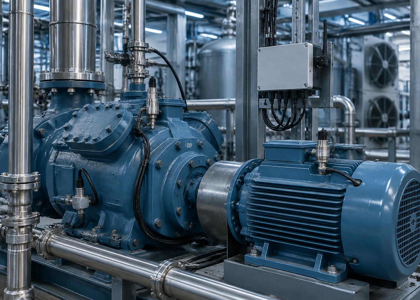 Sensores de temperatura, pressão e vibração instalados em compressor e motor industrial