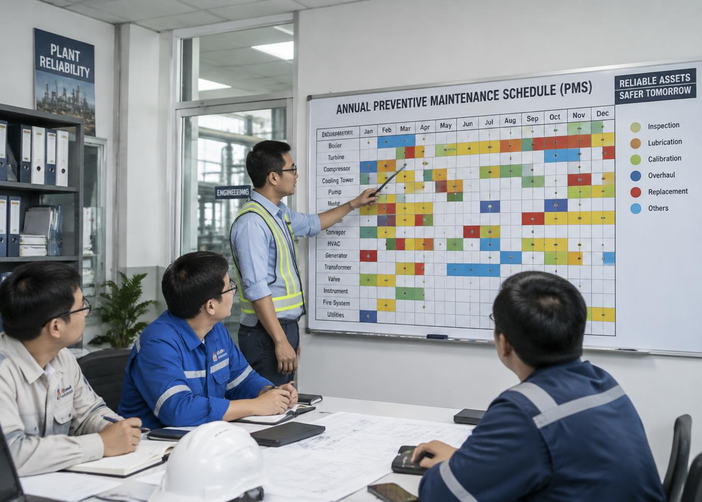 Coordenador de PCM apresentando o plano anual de manutenção preventiva no quadro