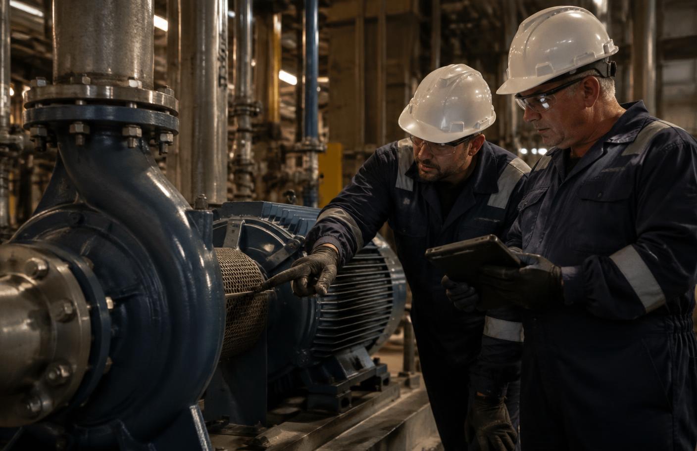 Técnicos de manutenção inspecionando conjunto motobomba com tablete em planta industrial